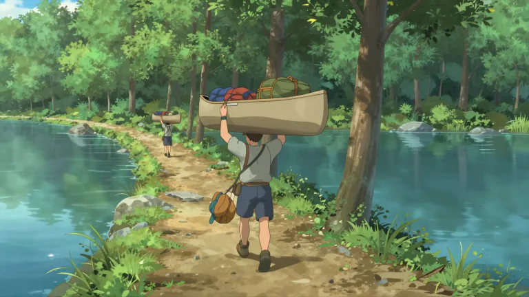 Visual representation of "portage" - The action of carrying a boat or its cargo overland from one body of water to another