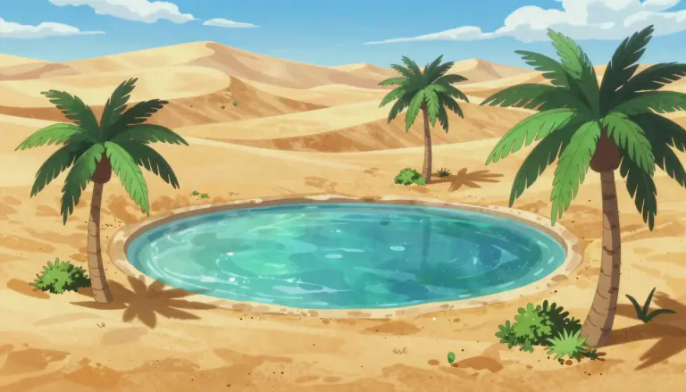 Visual representation of "oasis" - A place in a desert where water and plants are found