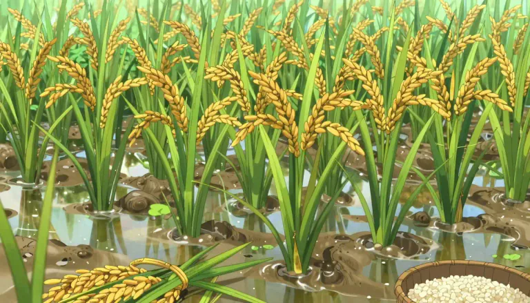 Visual representation of "rice" - A starchy grain used in cooking, which comes from a grassy plant grown especially in wet grounds