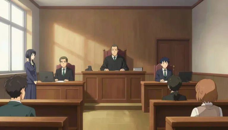 Visual representation of "courtroom" - A room where a judge, lawyers, and others participate in a legal trial.