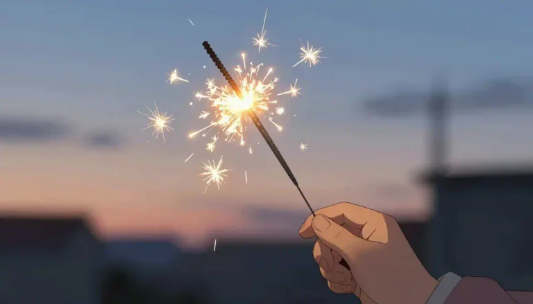 Visual representation of "sparkler" - A small fireworks that you hold in your hand and that throws off sparks as it burns.