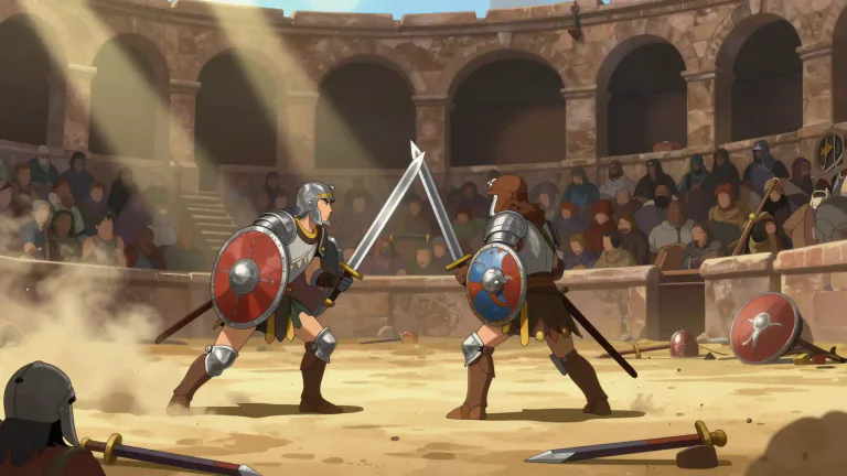 Visual representation of "gladiatorial" - Related to fights in ancient Rome where people, often slaves, fought to the death for the entertainment of others.