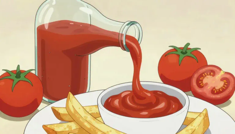 Visual representation of "ketchup" - A thick red sauce usually made from tomatoes and vinegar, served with food to add flavor.