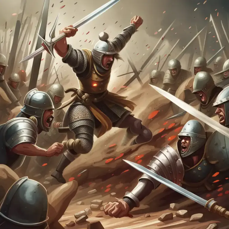 Visual representation of "put somebody to the sword" - To defeat or kill someone