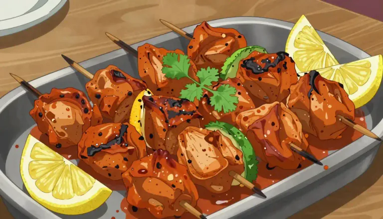 Visual representation of "tikka" - A type of Indian food made of small pieces of meat or vegetables marinated in a spice mixture.