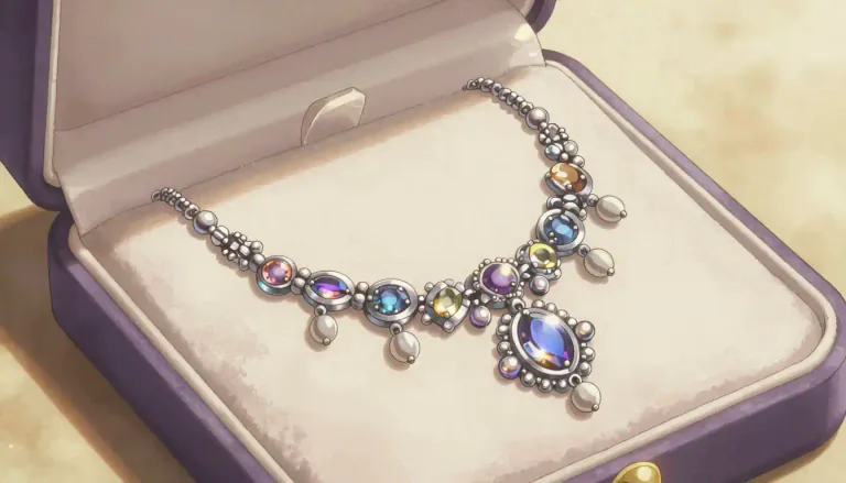 Visual representation of "necklace" - A piece of jewelry worn around the neck, often made from gems, beads, or precious metals.