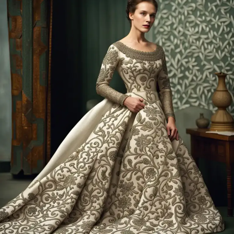 Visual representation of "brocaded" - Decorated with a pattern that looks raised from the surface, like some fabrics.