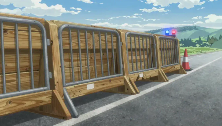 Visual representation of "barricade" - A barrier or obstruction that prevents passage or access.