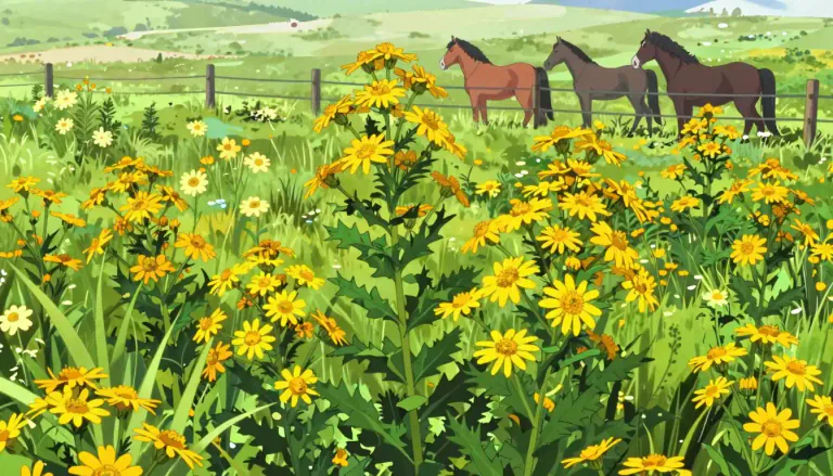 Visual representation of "ragwort" - A yellow flowering plant that is often considered as a weed. It can be poisonous to livestock.