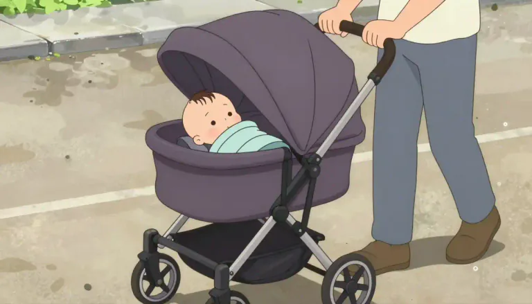 Visual representation of "pram" - A small vehicle with four wheels in which a baby or child is pushed around