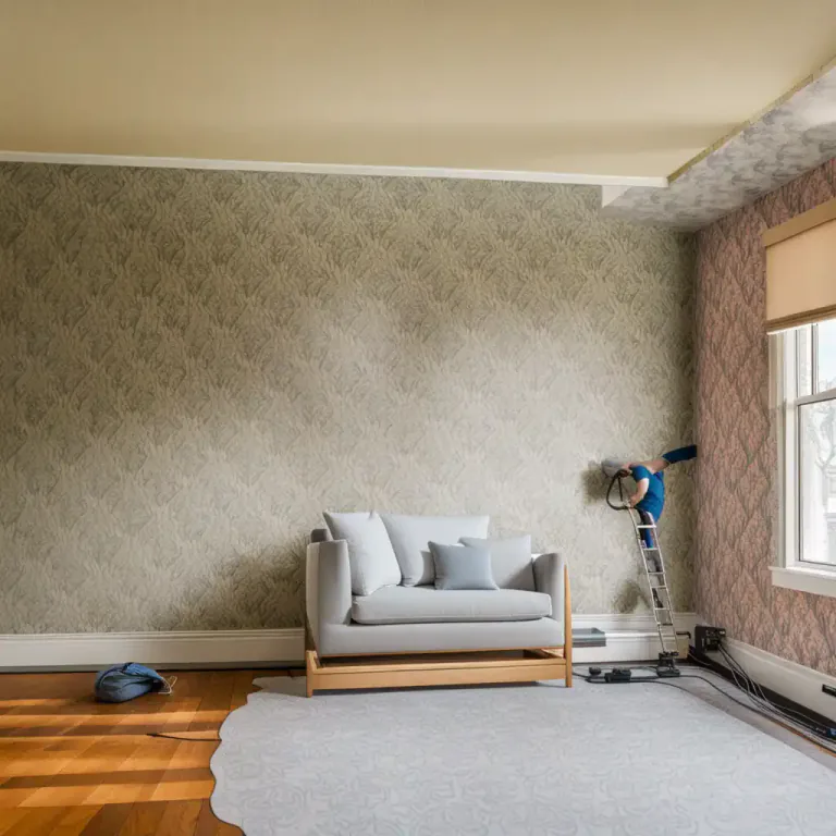 Visual representation of "paper over" - To cover a wall with wallpaper.