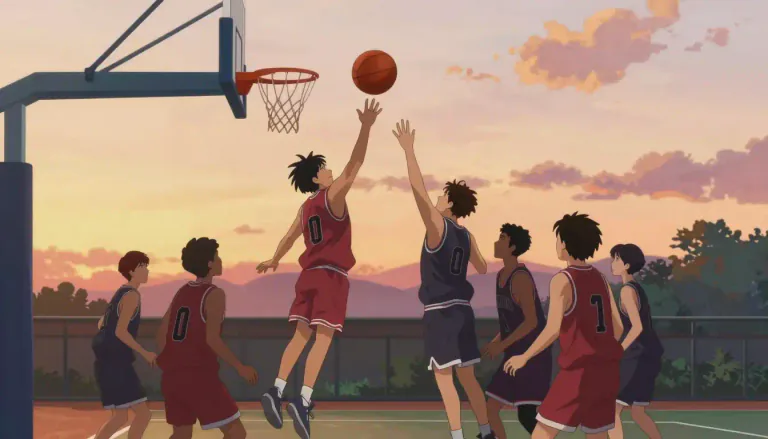 Visual representation of "basketball" - It's a game where two teams try to throw a big, round ball into the other team's hoop to score points.