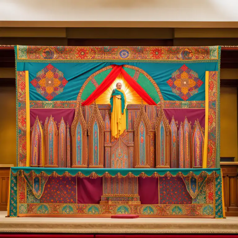 Visual representation of "frontal" - A piece of material or a painting representing the face of a building or a decoration hanging over an altar