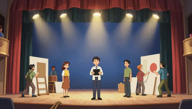 Visual representation of "stagecraft" - The skill or art of arranging and conducting a theatrical performance, including managing scripts, directing actors, and managing set design and lighting.