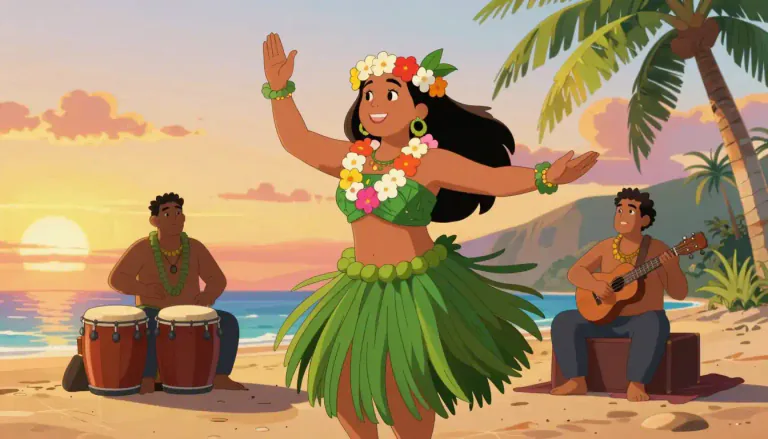 Visual representation of "hula" - A traditional Hawaiian dance performed with hand gestures telling a story, often with rhythmic drumming or music.