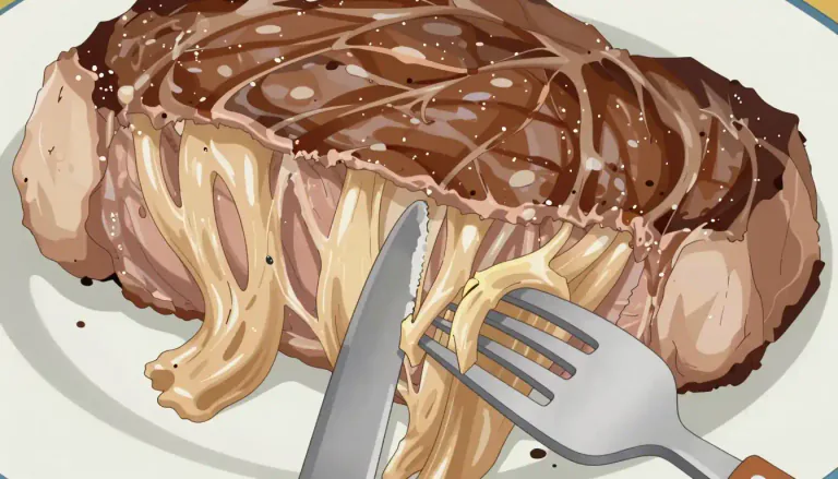 Visual representation of "gristle" - The tough, elastic part in meat that is hard to chew.