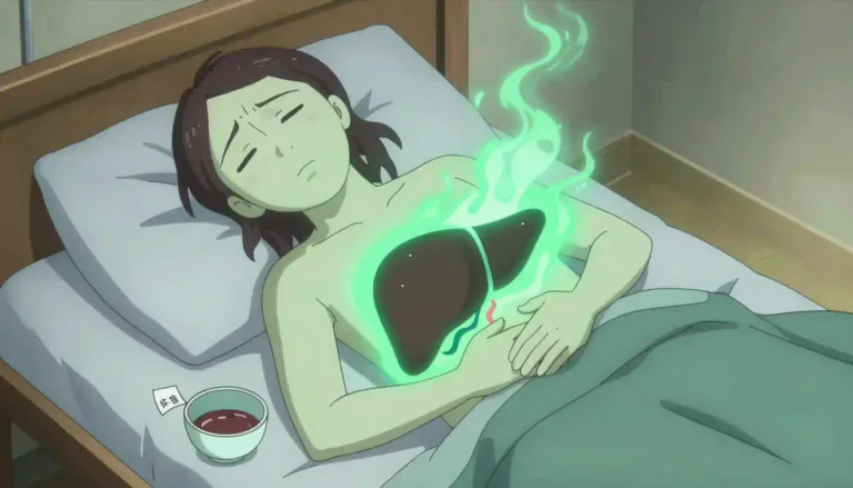 Visual representation of "bilious" - Suffering from, caused by, or related to disease of the liver