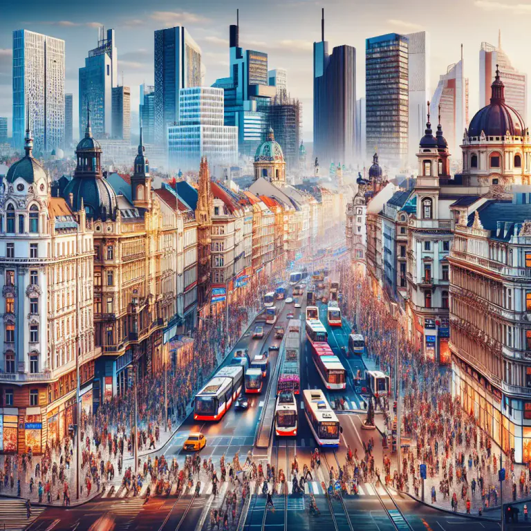 Visual representation of "urbanization" - The increase in the percentage of people who live in towns and cities, compared to rural areas.