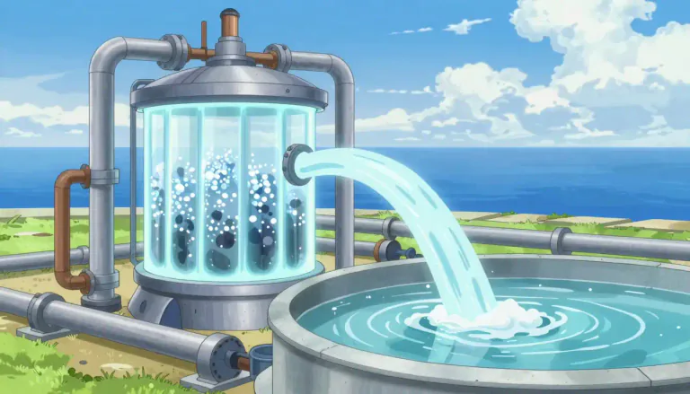 Visual representation of "desalinate" - To treat seawater or brackish water in order to remove salt and impurities, making it suitable for drinking or irrigation.
