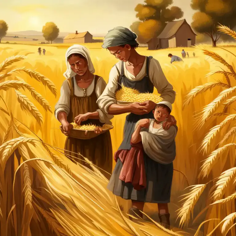 Visual representation of "glean" - In agriculture, to gather leftover grain or other produce after a harvest.
