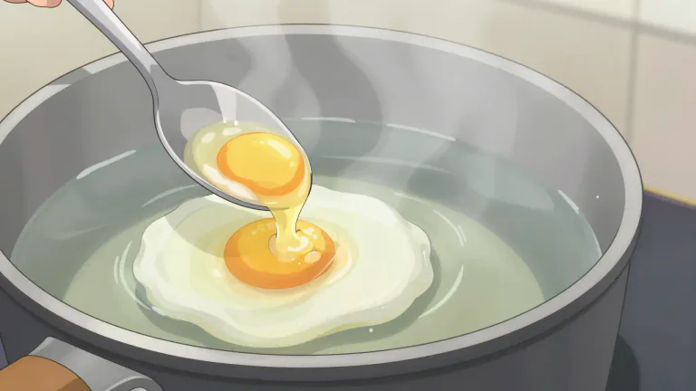 Visual representation of "poach" - To cook something, especially an egg or fish, gently in hot water