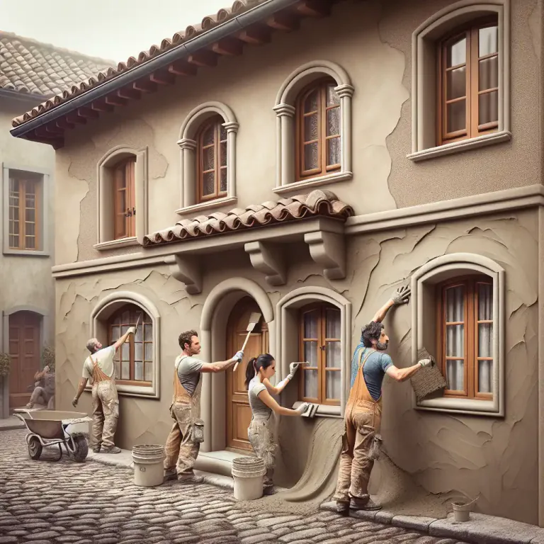 Visual representation of "stucco" - To cover or decorate with stucco.