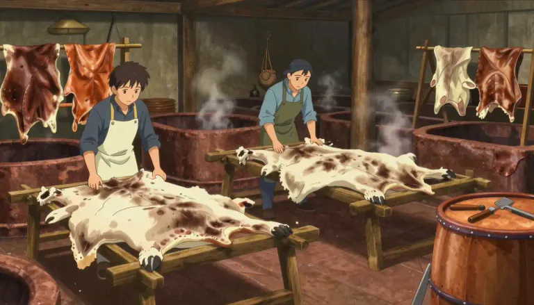 Visual representation of "tannery" - A place where animal skins are processed to make leather.