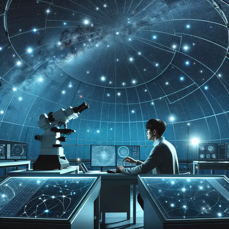 Visual representation of "astrometry" - The scientific study of measuring distances and movement of stars and other celestial bodies.