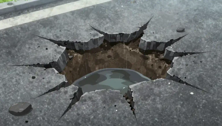 Visual representation of "pothole" - A hole in a road surface that has been damaged by traffic or weather conditions.