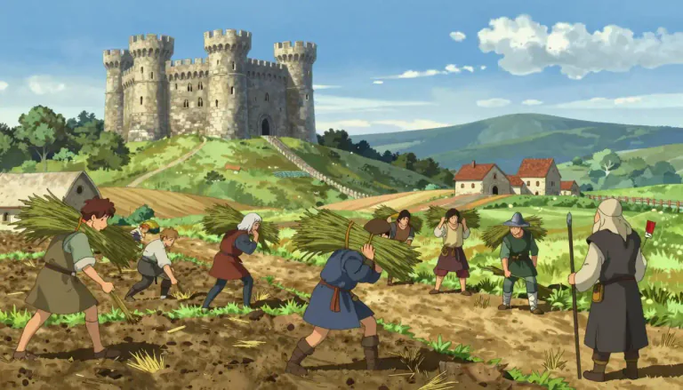 Visual representation of "serfdom" - A system in history where people, known as serfs, worked on land owned by lords and had to obey these lords in return for protection
