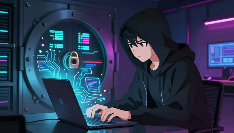 Visual representation of "hacky" - Something or someone related to or engaged in hacking computer systems