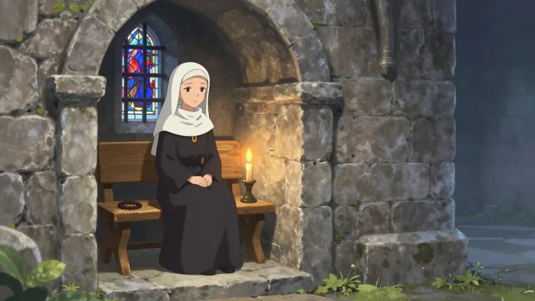 Visual representation of "anchoress" - A woman who chooses to live her life in solitude, often for religious reasons, in a small room attached to a church