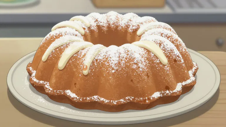 Visual representation of "bundt" - A type of cake that is baked in a distinctive ring-shaped pan, often decorated with frosting or powdered sugar.