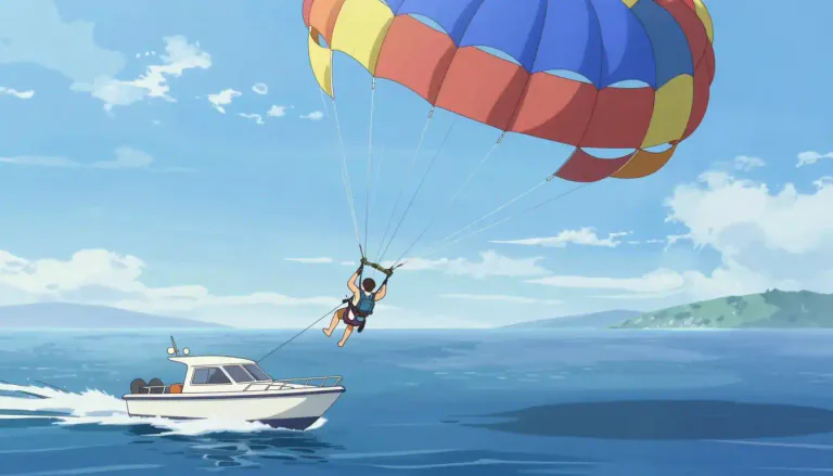 Visual representation of "parasail" - To glide through the air while being towed by a boat, attached to a large parachute-like canopy.