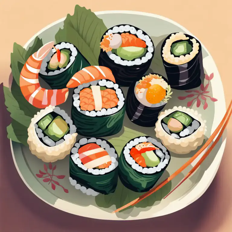 Visual representation of "sushi" - A Japanese dish that features cooked ingredients, such as vegetables or cooked fish, over rolls of rice wrapped in seaweed.