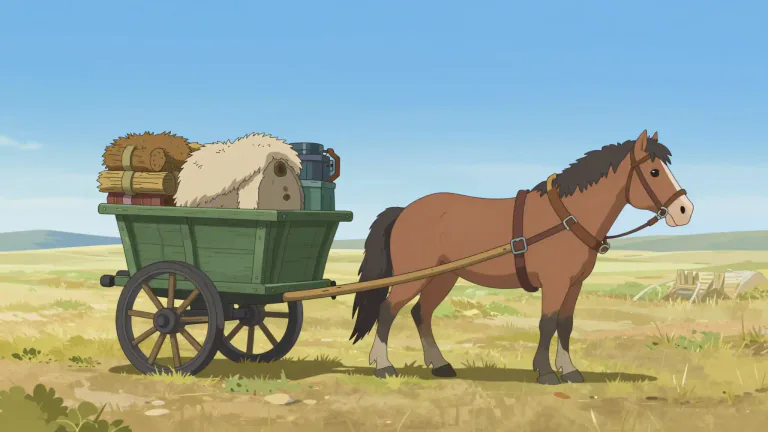 Visual representation of "travois" - A type of two-wheeled cart used by Native American tribes and others, designed to be pulled by an animal.