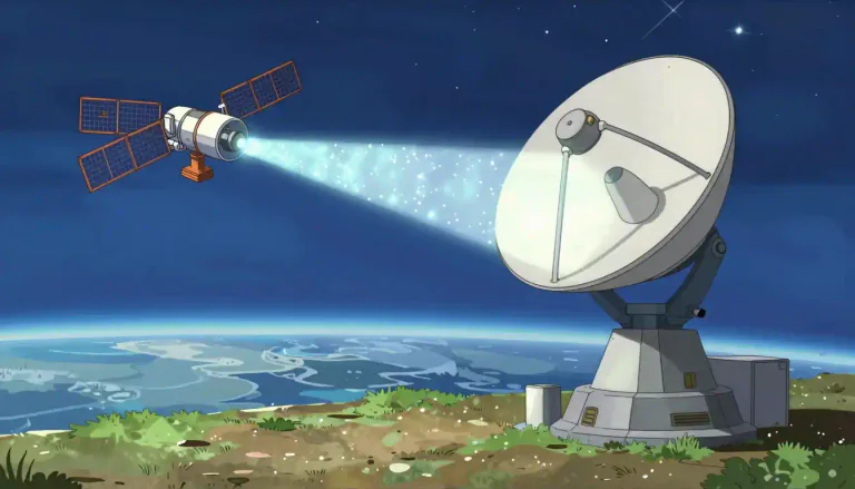 Visual representation of "downlink" - The transmission of data from a satellite to a receiving station on Earth.
