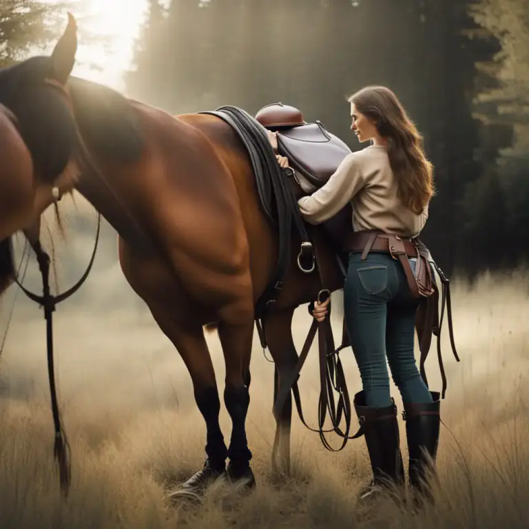Visual representation of "saddle up" - To prepare a horse for riding by putting on its saddle.