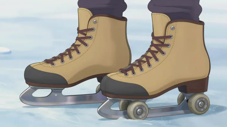 Visual representation of "skate" - A boot with a blade or wheels attached that you wear for moving on ice or ground.