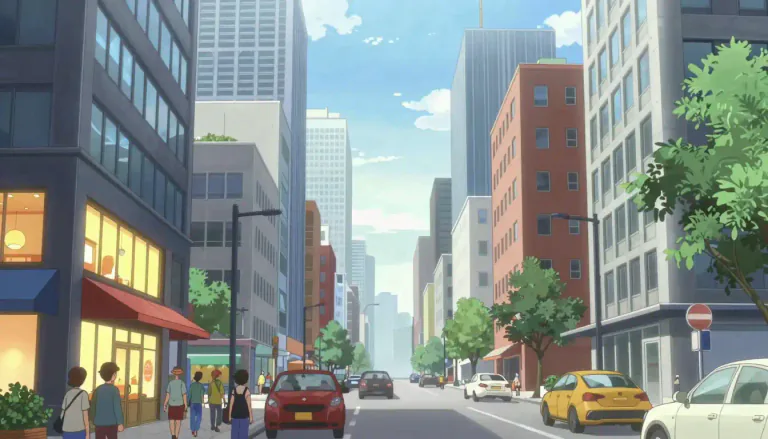 Visual representation of "downtown" - The central or main part of a city where there are shops, restaurants, offices, etc.