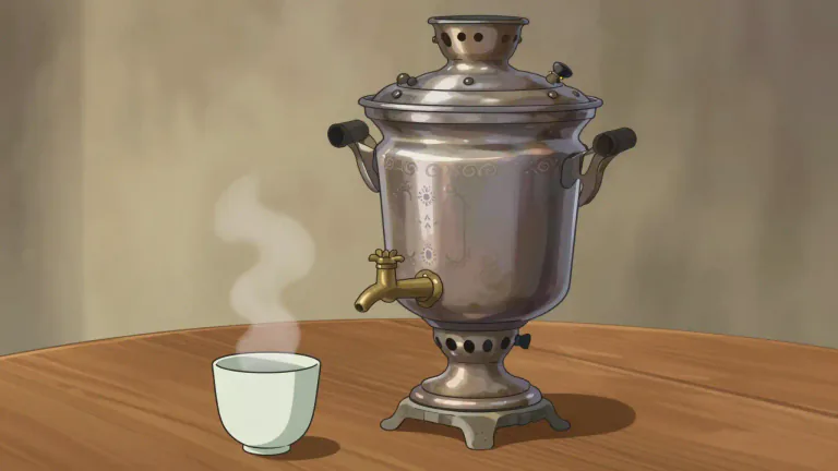 Visual representation of "samovar" - A metal container typically used to heat and boil water in many cultures, especially in Russia.