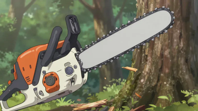 Visual representation of "chainsaw" - A tool with a motor and sharp teeth used to cut wood and trees.
