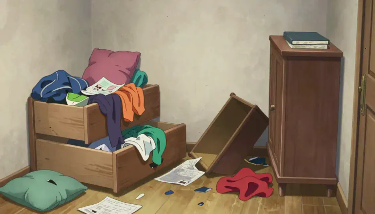 Visual representation of "ransack" - To look through a place thoroughly but untidily, often causing damage