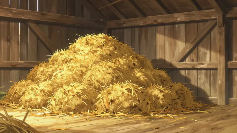 Visual representation of "mow" - A heap or stack of hay or grain in a barn