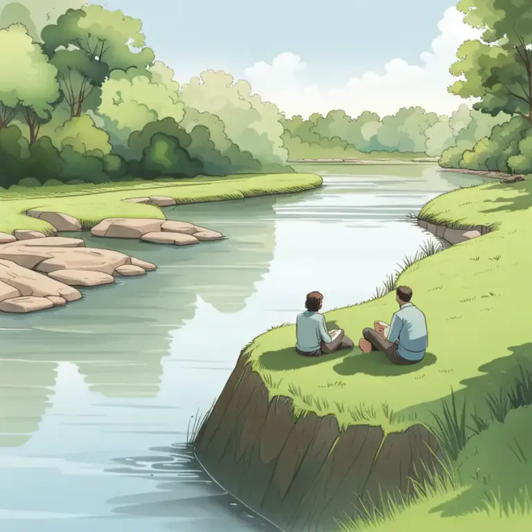 Visual representation of "bank" - Land along the side of a river.