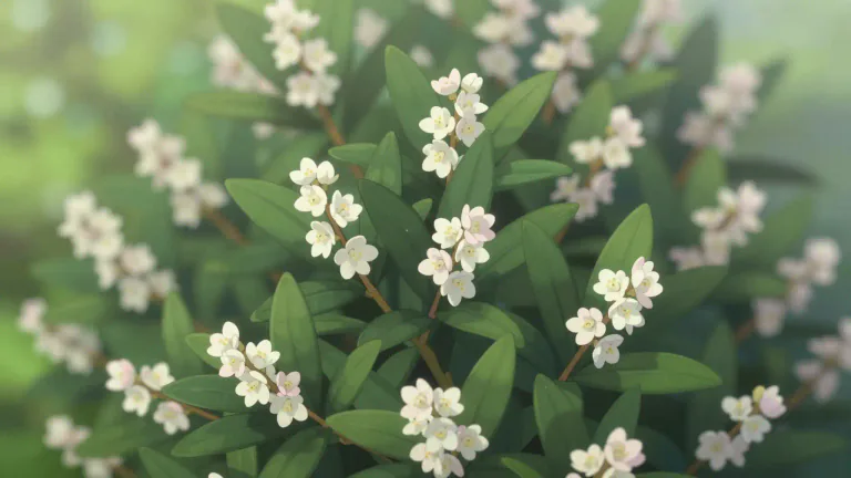 Visual representation of "myrtle" - A type of evergreen plant with small, fragrant white or pink flowers and dark green leaves.