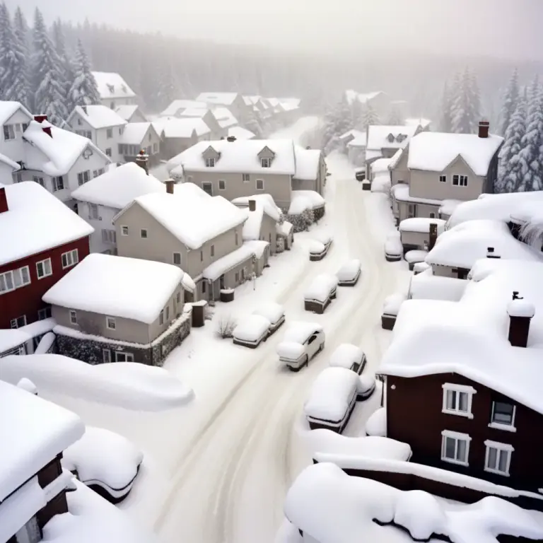 Visual representation of "be snowed up" - To be blocked or immobilized by snow