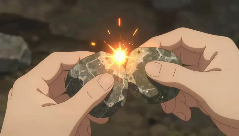 Visual representation of "spark" - A small fiery particle produced by a fire or created by striking together two hard surfaces such as stones or metal