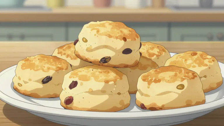 Visual representation of "scone" - A small, round cake that is like bread, made from flour, fat, and milk, sometimes with fruit added
