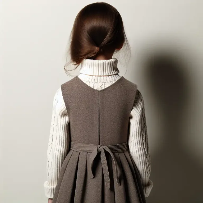 Visual representation of "pinafore" - A sleeveless dress tied or buttoned in the back, often worn over a blouse or sweater.